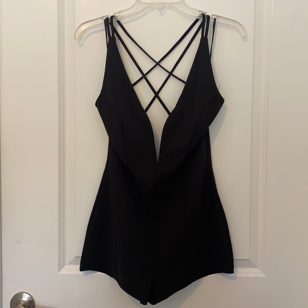 NWOT Fashion Nova Deep V Neck Black Romper - S